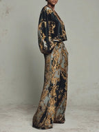 Black Women's Wide Leg Pants Set with Plunging V-Neck & Blouson Sleeves