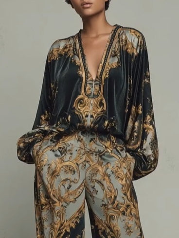 Black Women's Wide Leg Pants Set with Plunging V-Neck & Blouson Sleeves