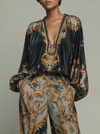 Black Women's Wide Leg Pants Set with Plunging V-Neck & Blouson Sleeves