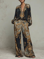 Black Women's Wide Leg Pants Set with Plunging V-Neck & Blouson Sleeves