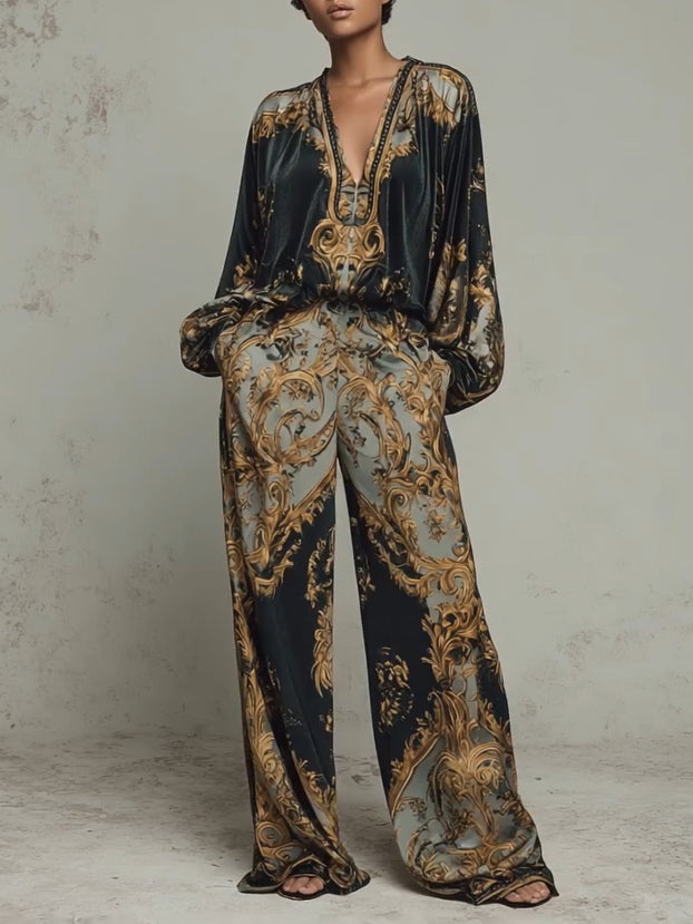 Black Women's Wide Leg Pants Set with Plunging V-Neck & Blouson Sleeves