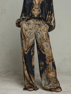 Black Women's Wide Leg Pants Set with Plunging V-Neck & Blouson Sleeves