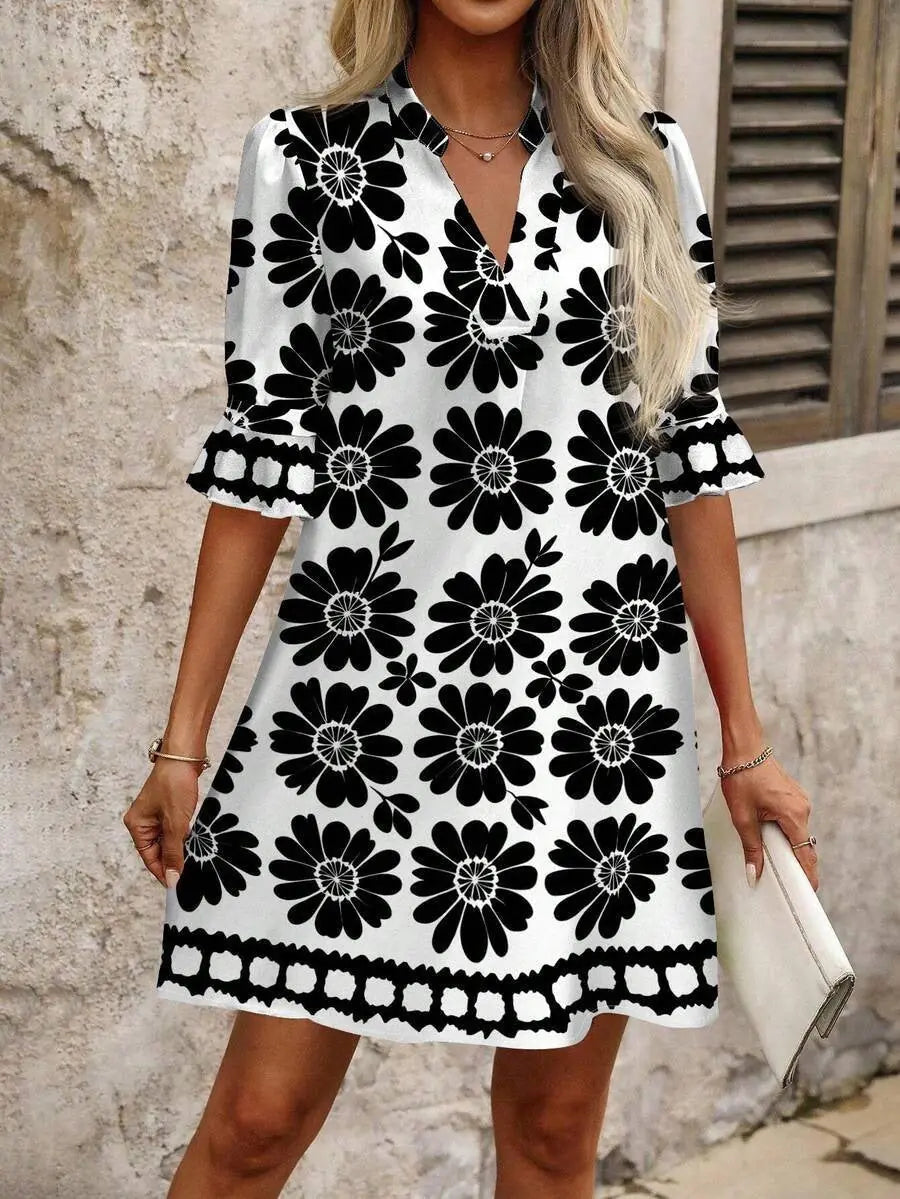 Black Women's Floral A-Line Dress with V-Neck & Ruffle Sleeves — Odette