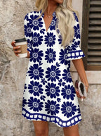 Blue Women's Floral A-Line Dress with V-Neck & Ruffle Sleeves