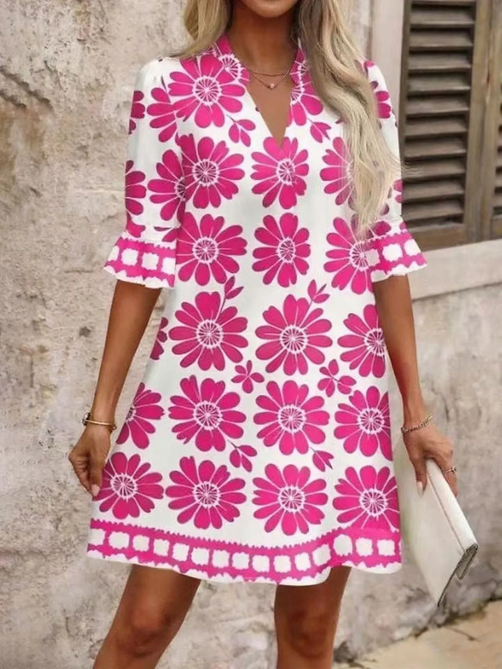 Fuchsia Women's Floral A-Line Dress with V-Neck & Ruffle Sleeves — Odette