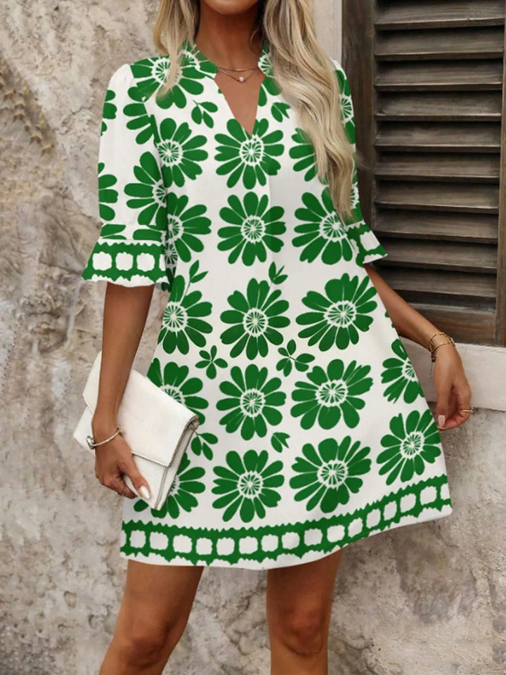 Green Women's Floral A-Line Dress with V-Neck & Ruffle Sleeves — Odette