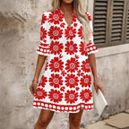 Red Women's Floral A-Line Dress with V-Neck & Ruffle Sleeves — Odette