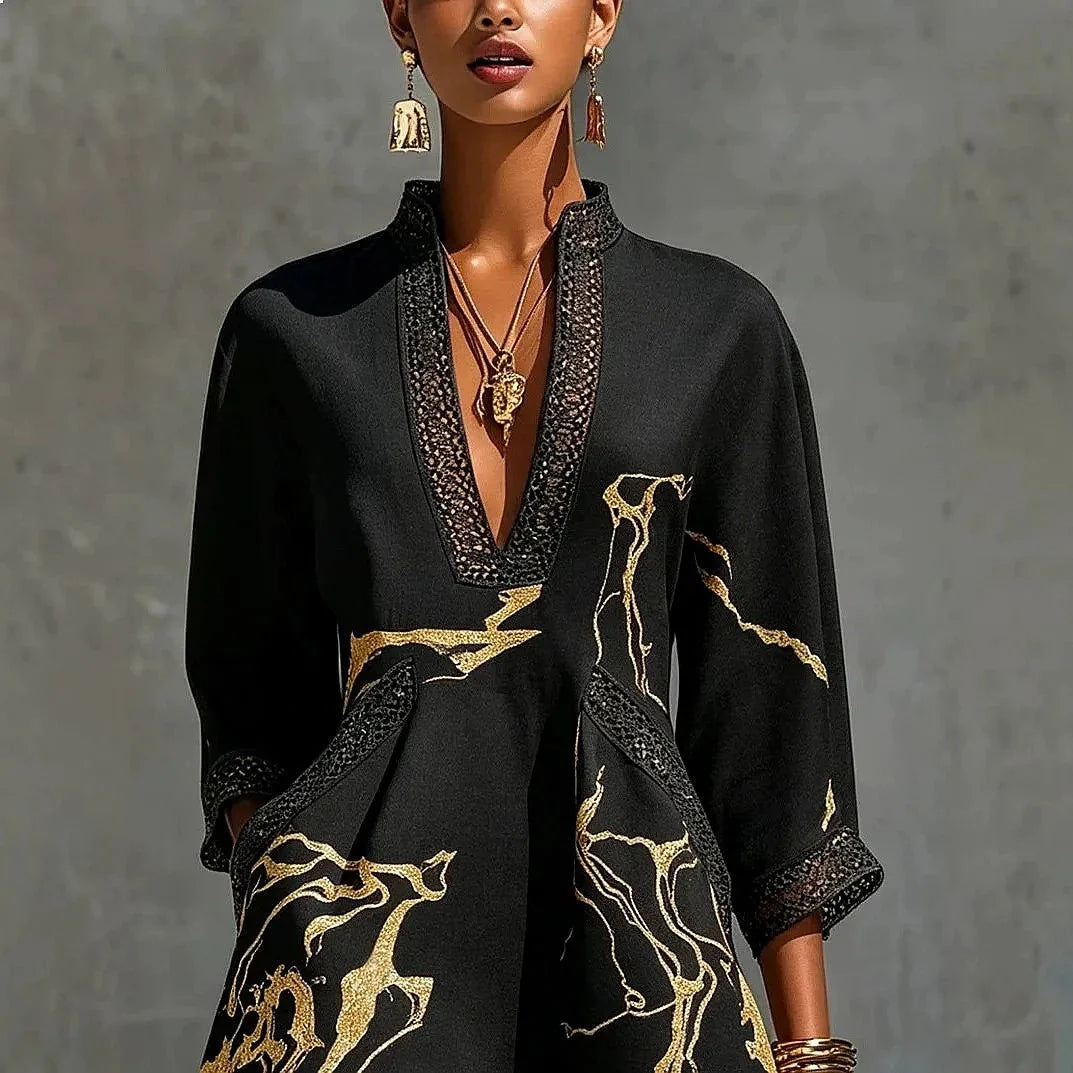 Black Women's A Line Mini Dress with V-Neck Lace Trim & Three-Quarter Sleeves