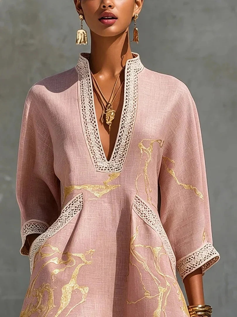 Pink Women's A Line Mini Dress with V-Neck Lace Trim & Three-Quarter Sleeves — Jasmine - Close Up Detail