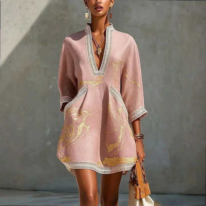Pink Women's A Line Mini Dress with V-Neck Lace Trim & Three-Quarter Sleeves — Jasmine