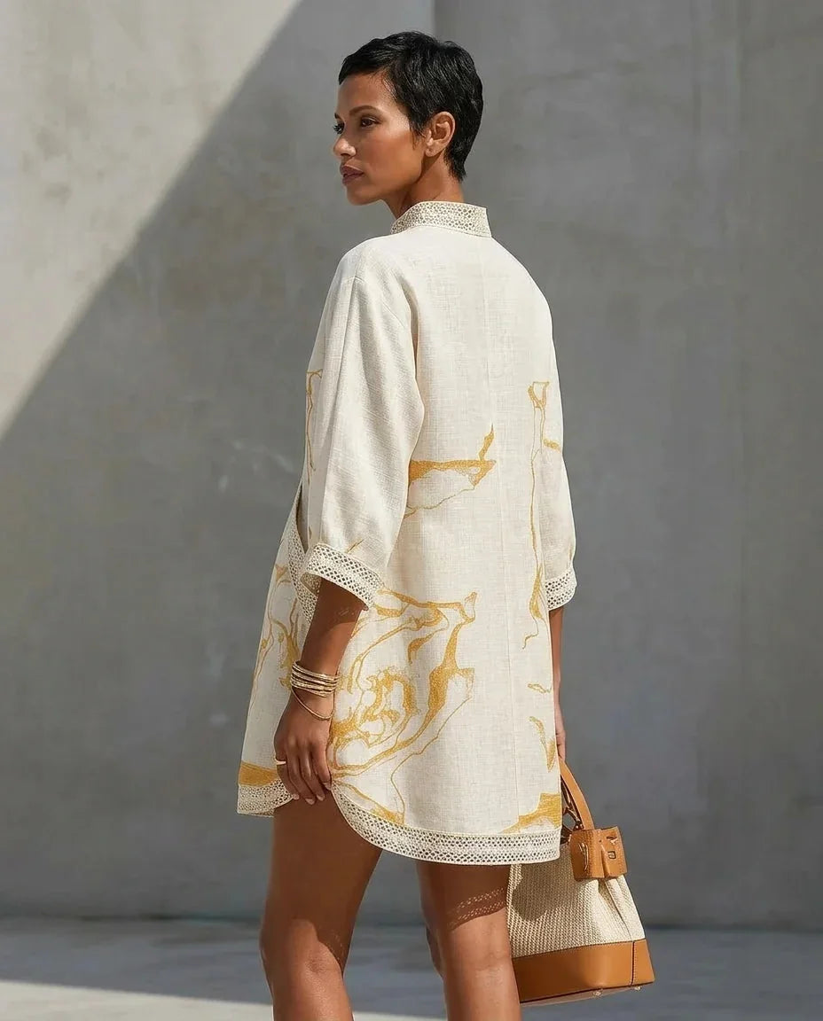 White Women's A Line Mini Dress with V-Neck Lace Trim & Three-Quarter Sleeves — Jasmine - Back Detail Walking