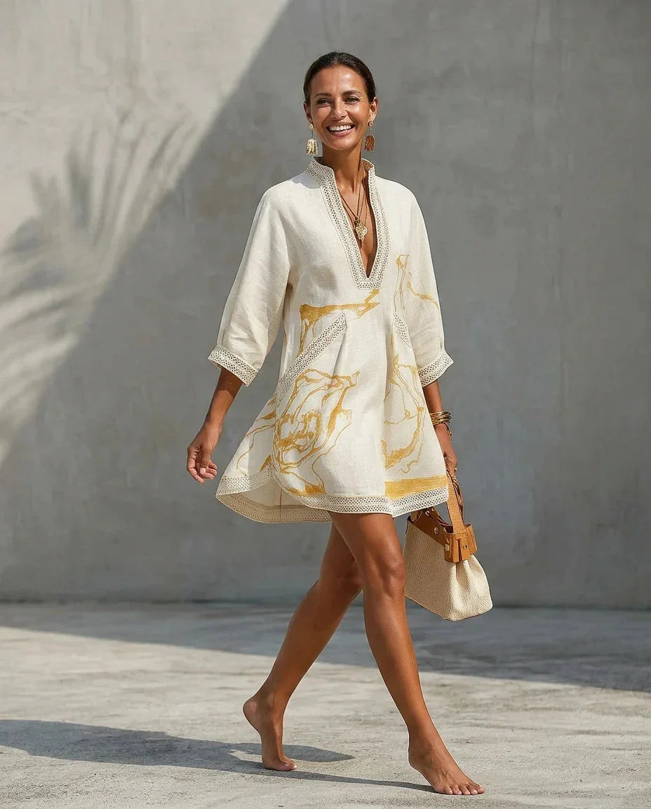 White Women's A Line Mini Dress with V-Neck Lace Trim & Three-Quarter Sleeves — Jasmine - Front Full Lifestyle