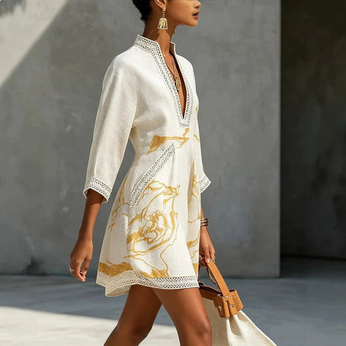 White Women's A Line Mini Dress with V-Neck Lace Trim & Three-Quarter Sleeves — Jasmine - Side Profile Walking