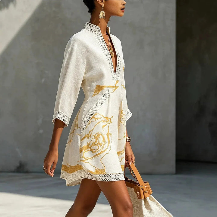 White Women's A Line Mini Dress with V-Neck Lace Trim & Three-Quarter Sleeves — Jasmine - Side Profile Walking