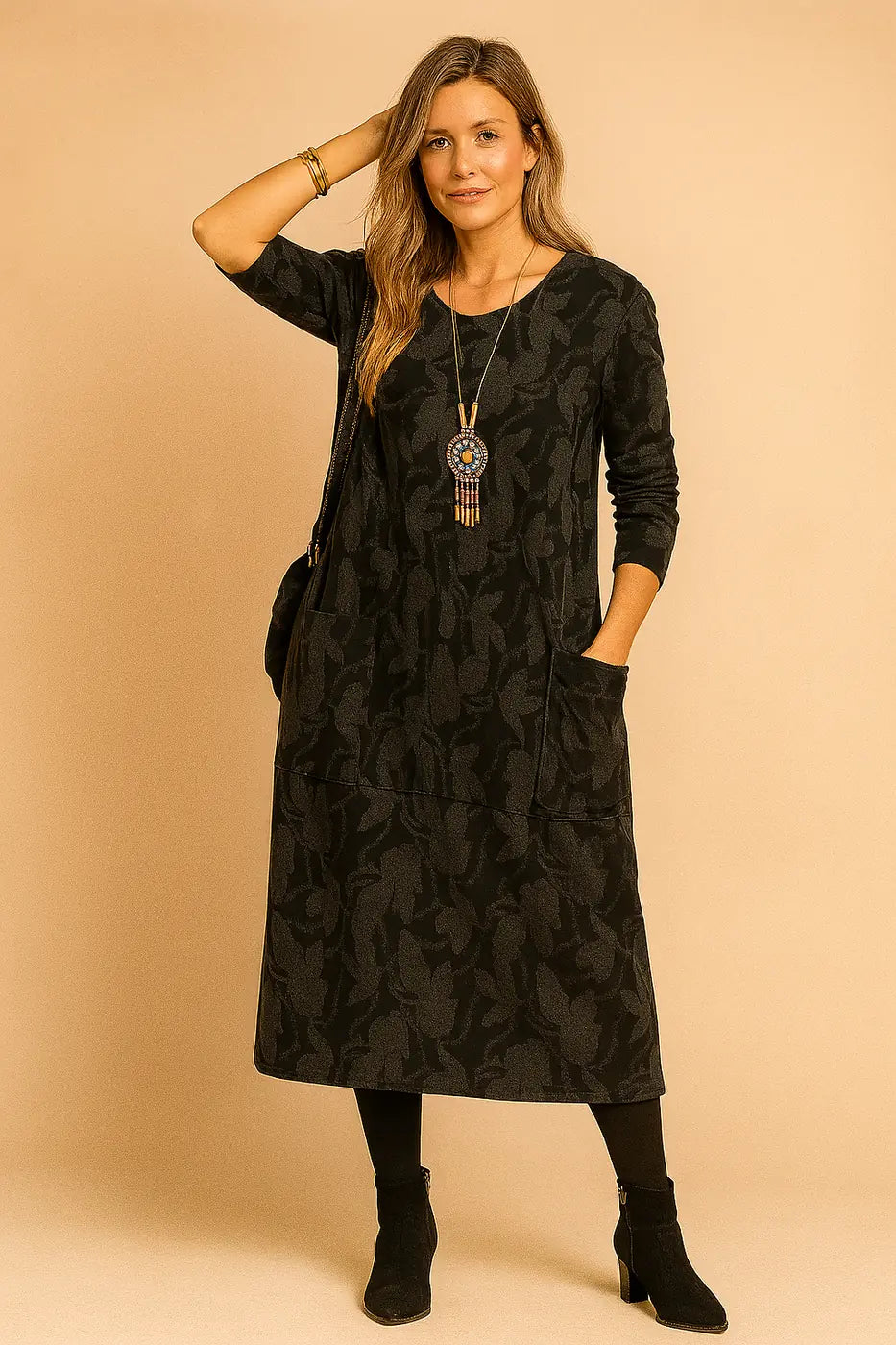 Black Women's Winter Dress with Pockets, Long Sleeves & Relaxed A-Line Fit — Cora