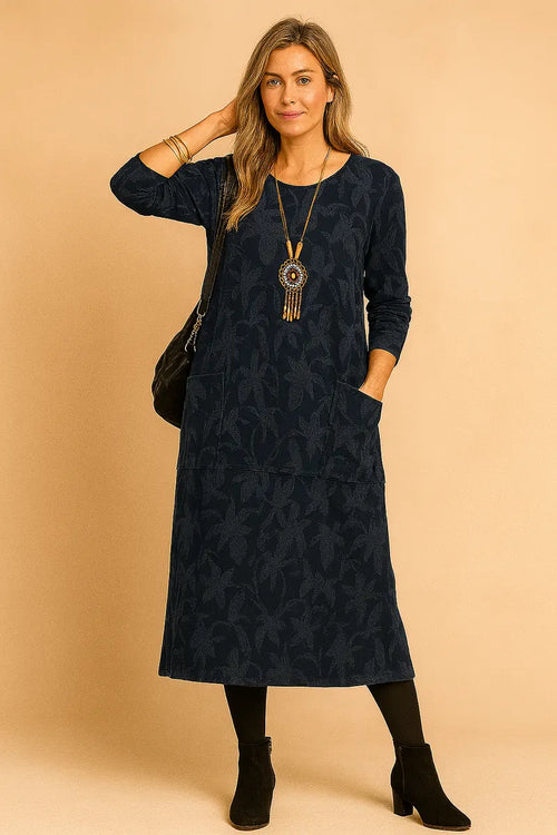 Blue Women's Winter Dress with Pockets, Long Sleeves & Relaxed A-Line Fit — Cora