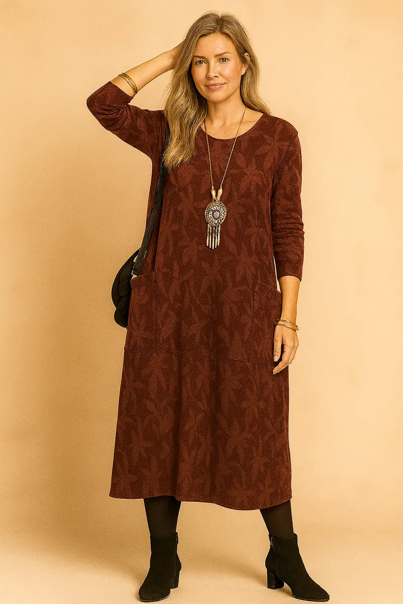 Burgundy Women's Winter Dress with Pockets, Long Sleeves & Relaxed A-Line Fit — Cora