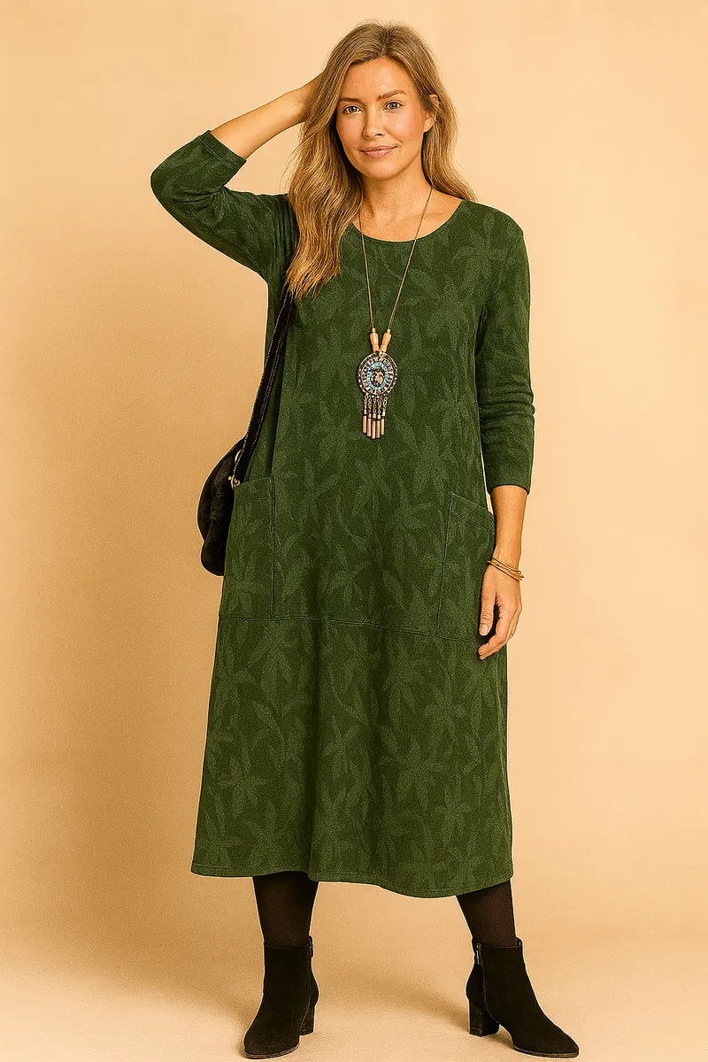 Green Women's Winter Dress with Pockets, Long Sleeves & Relaxed A-Line Fit — Cora
