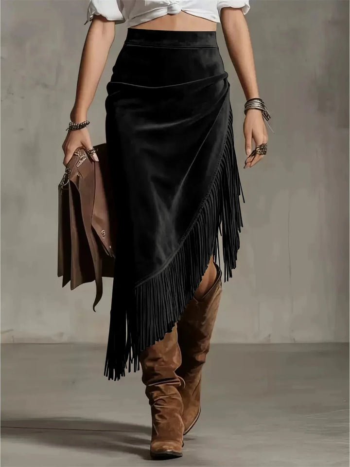 Black Women's Draped Suede Midi Skirt with Asymmetric Fringe Hem