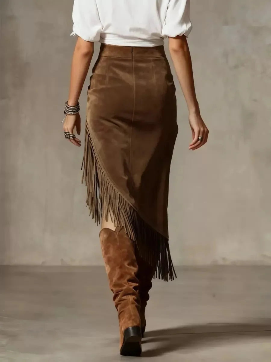 Dark Brown Women's Draped Suede Midi Skirt with Asymmetric Fringe Hem — Melody - Back Full