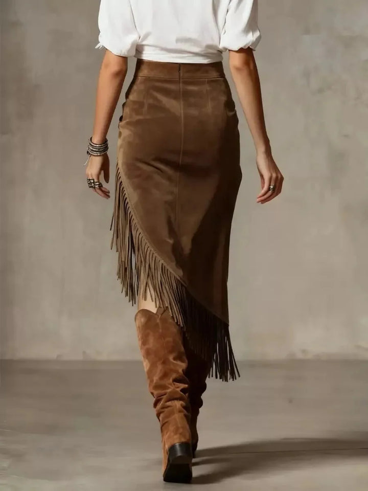 Dark Brown Women's Draped Suede Midi Skirt with Asymmetric Fringe Hem — Melody - Back Full