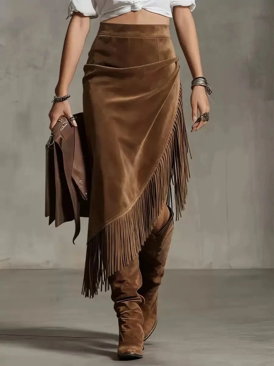 Dark Brown Women's Draped Suede Midi Skirt with Asymmetric Fringe Hem