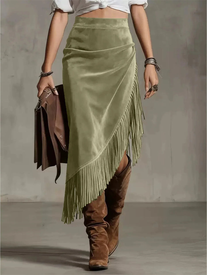 Green Women's Draped Suede Midi Skirt with Asymmetric Fringe Hem