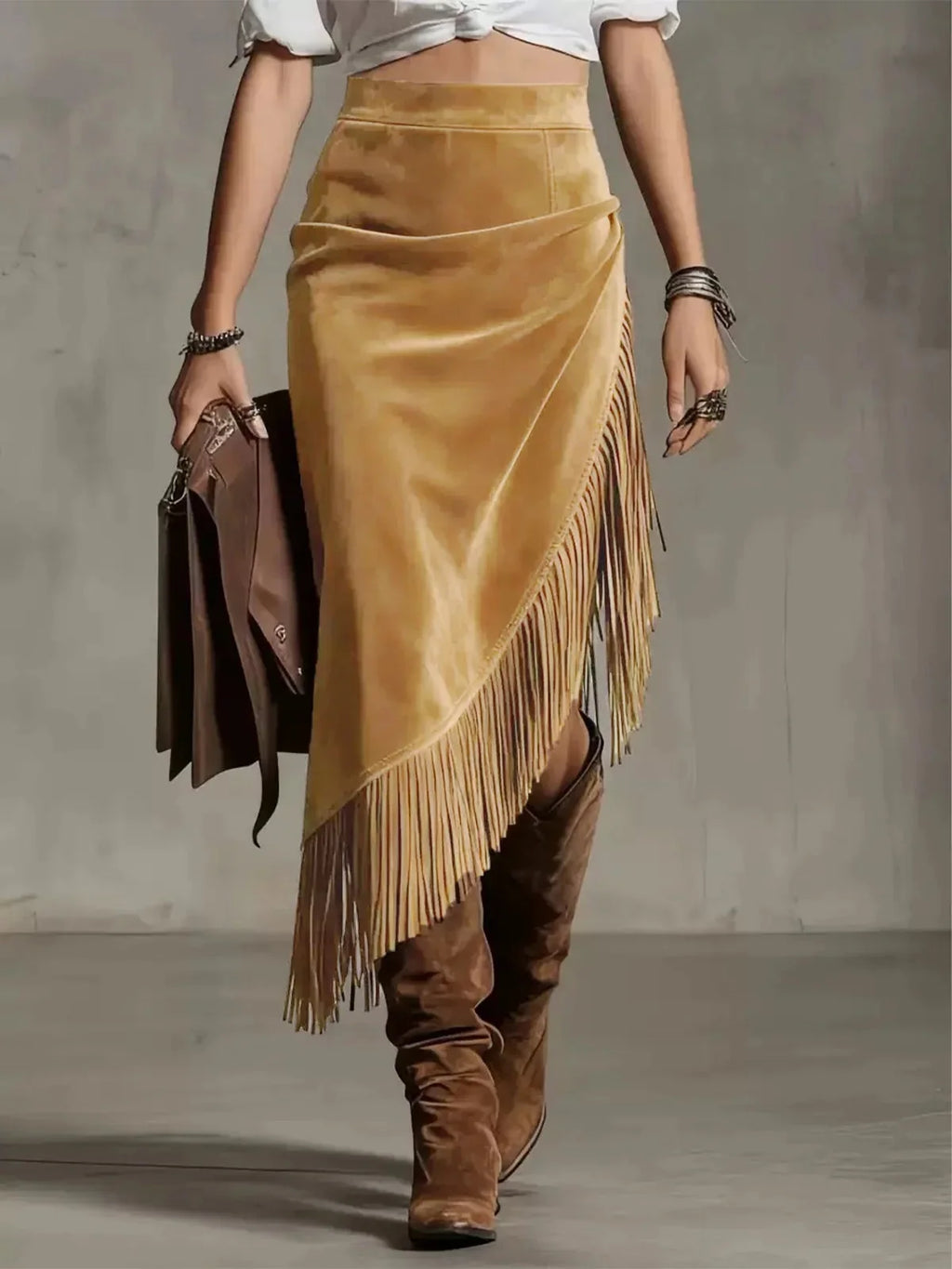 Khaki Women's Draped Suede Midi Skirt with Asymmetric Fringe Hem