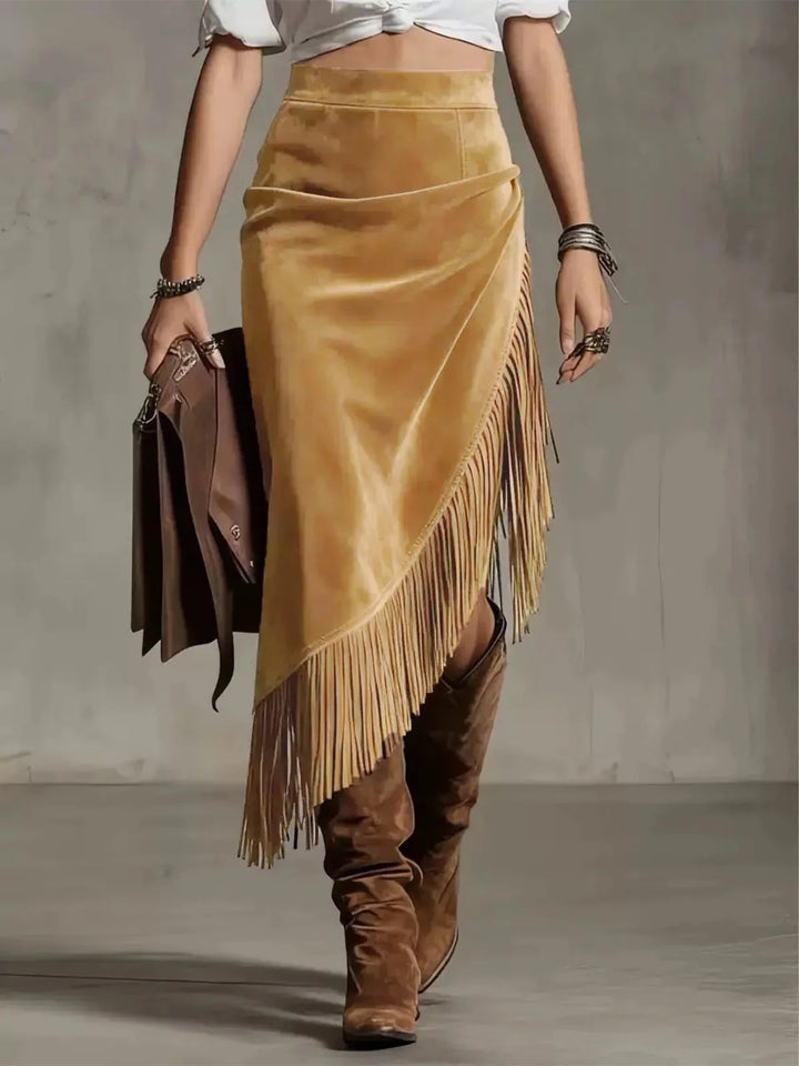 Khaki Women's Draped Suede Midi Skirt with Asymmetric Fringe Hem