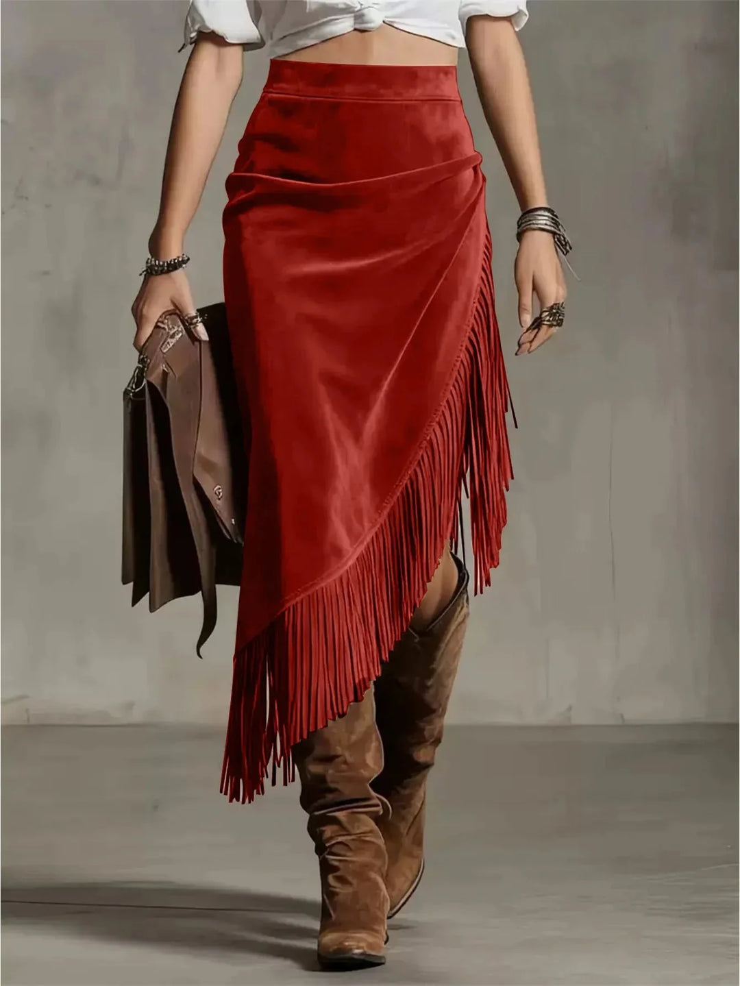 Red Women's Draped Suede Midi Skirt with Asymmetric Fringe Hem