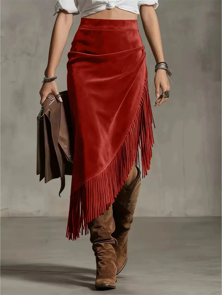 Red Women's Draped Suede Midi Skirt with Asymmetric Fringe Hem