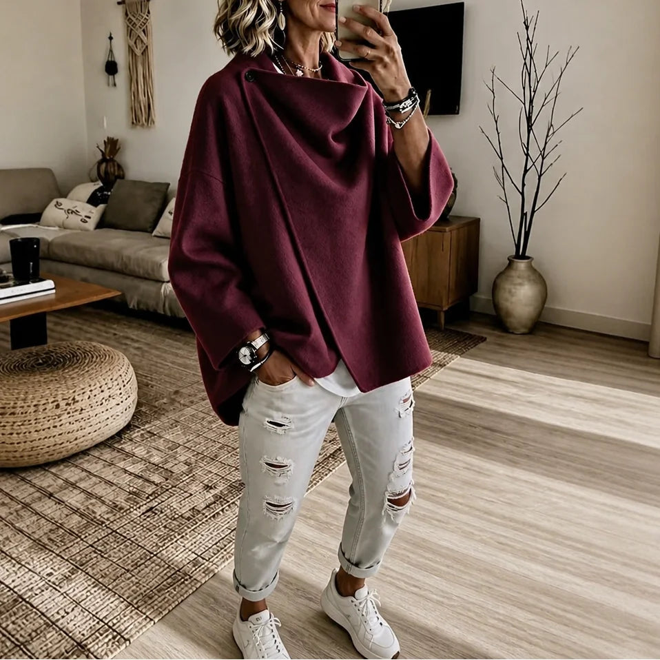 Burgundy Women's Cape Jacket with Asymmetric Button Collar & Relaxed Knit Drape