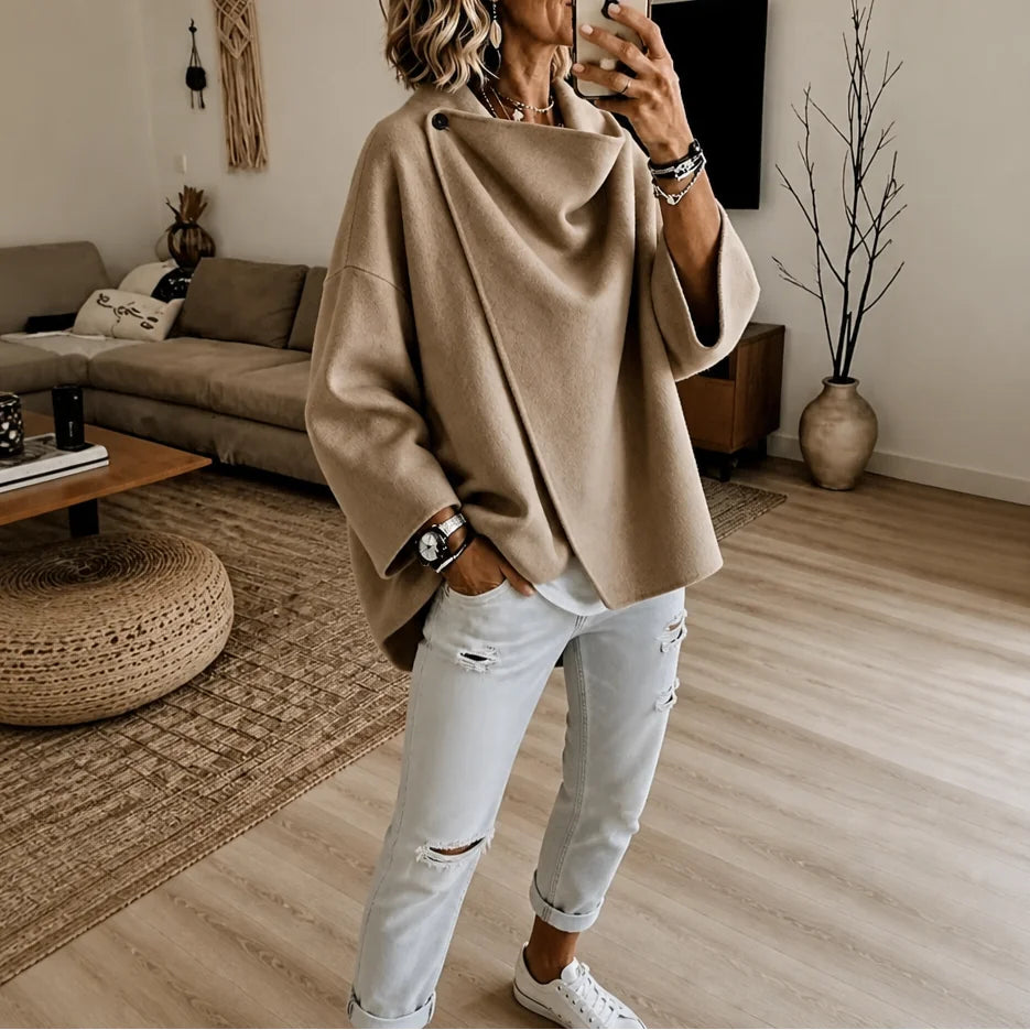 Camel Women's Cape Jacket with Asymmetric Button Collar & Relaxed Knit Drape