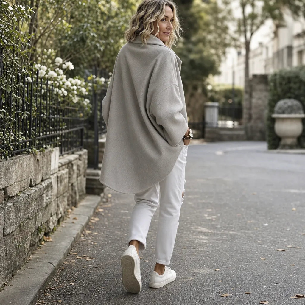 Women's Cape Jacket with Asymmetric Button Collar & Relaxed Knit Drape - Back Outdoor