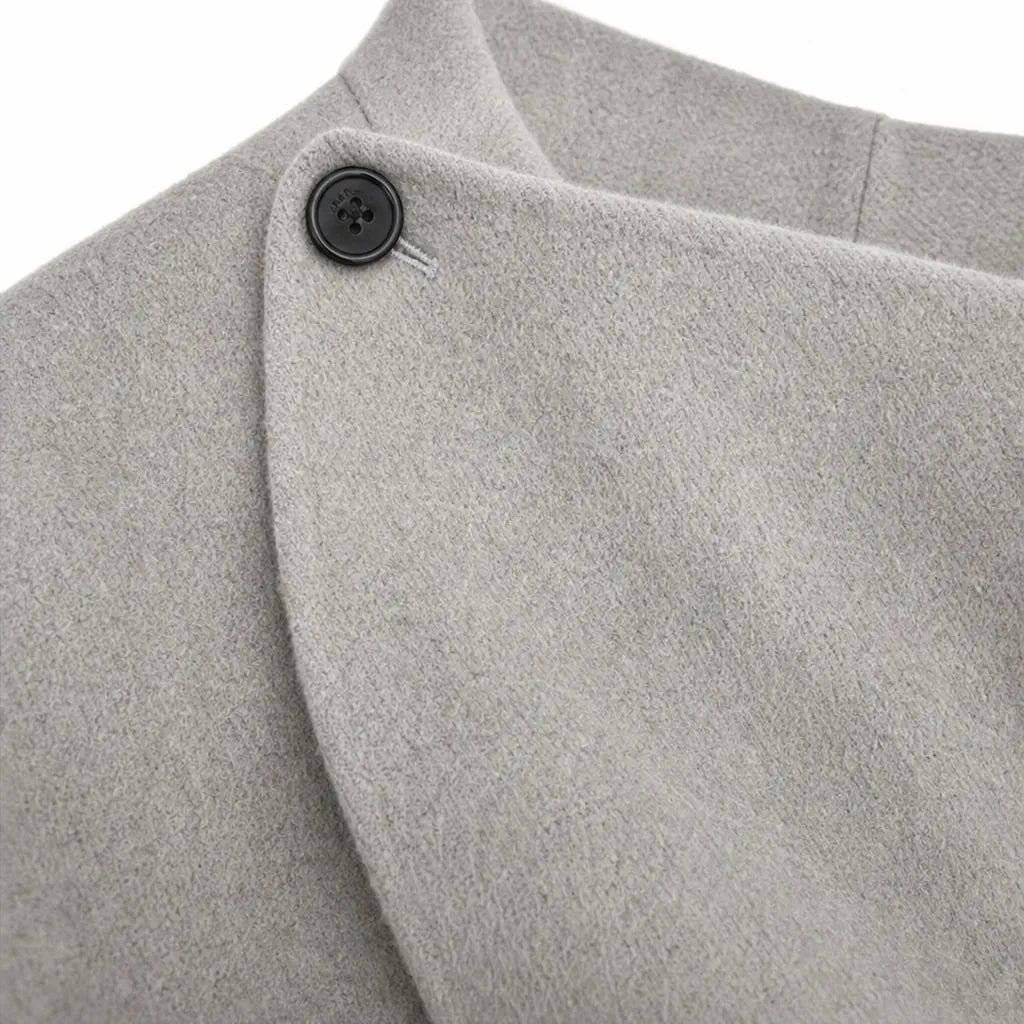 Women's Cape Jacket with Asymmetric Button Collar & Relaxed Knit Drape - Collar Button Detail