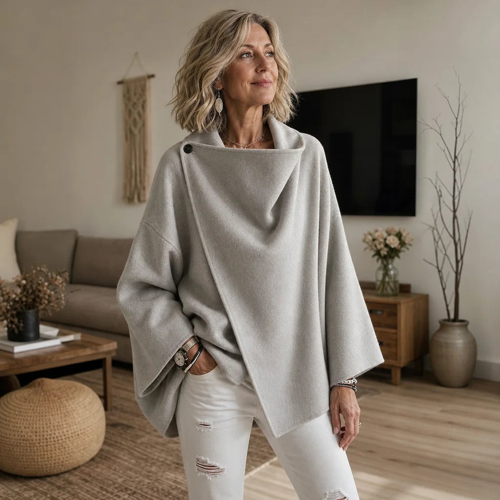 Women's Cape Jacket with Asymmetric Button Collar & Relaxed Knit Drape - Front Full