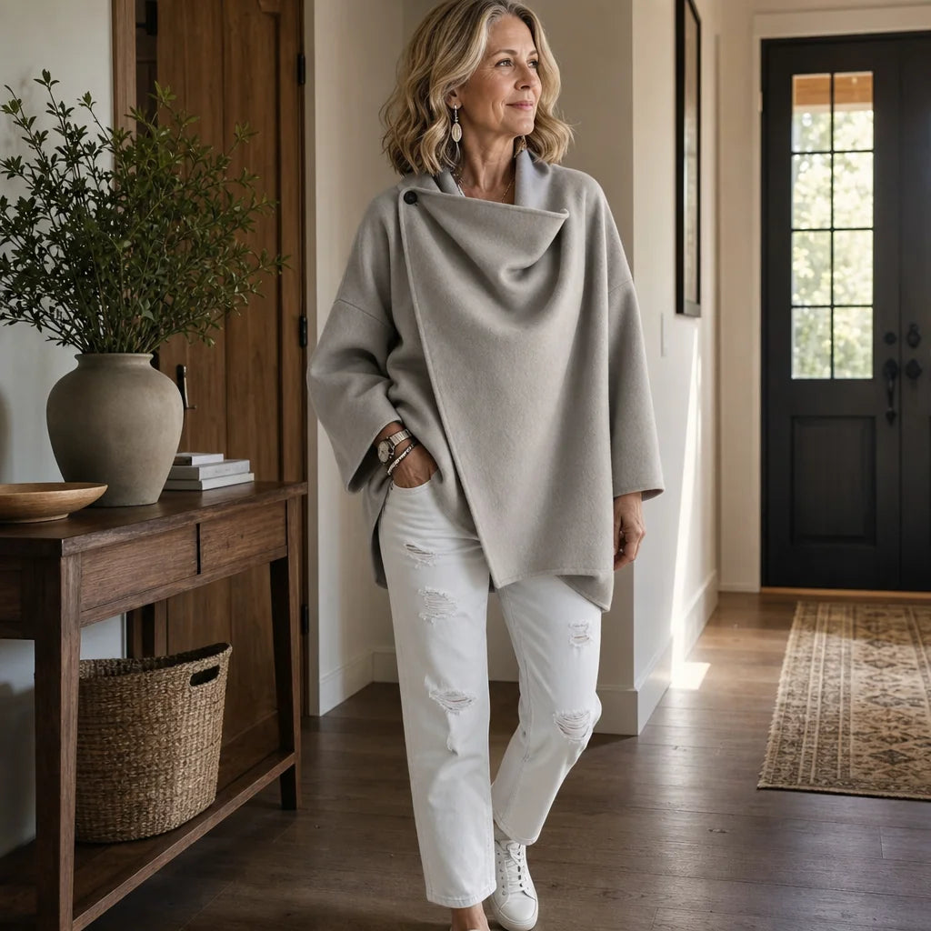Women's Cape Jacket with Asymmetric Button Collar & Relaxed Knit Drape - Walking Indoor