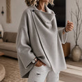 Grey Women's Cape Jacket with Asymmetric Button Collar & Relaxed Knit Drape