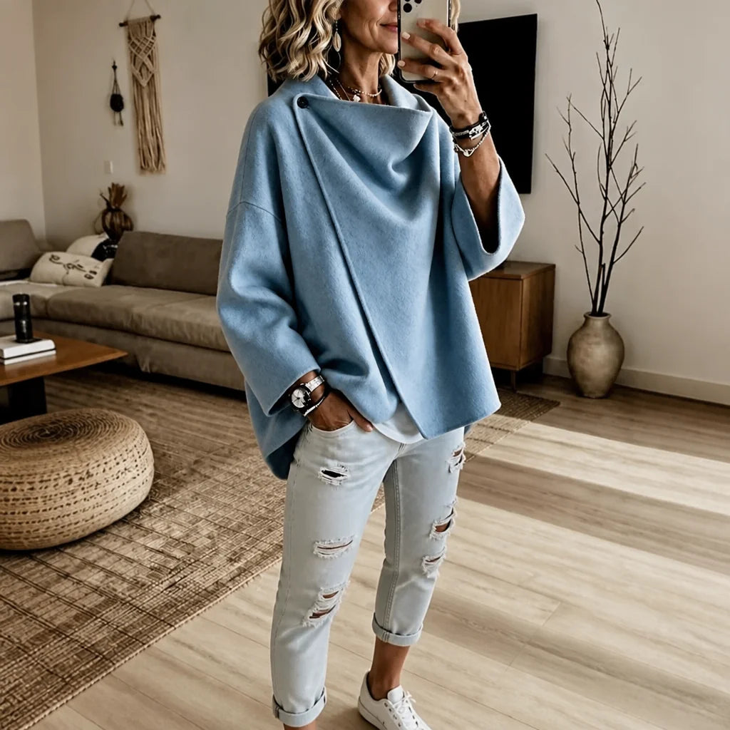 Light Blue Women's Cape Jacket with Asymmetric Button Collar & Relaxed Knit Drape