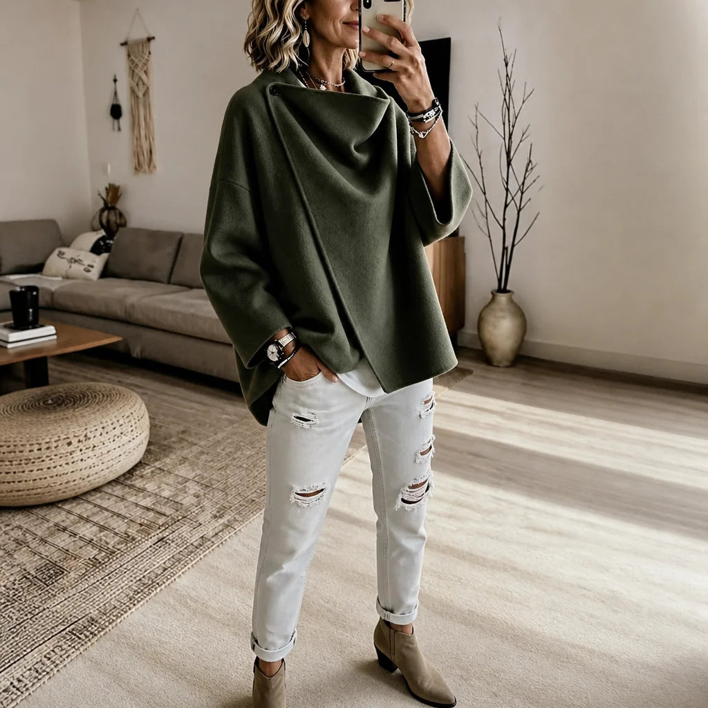 Olive Green Women's Cape Jacket with Asymmetric Button Collar & Relaxed Knit Drape