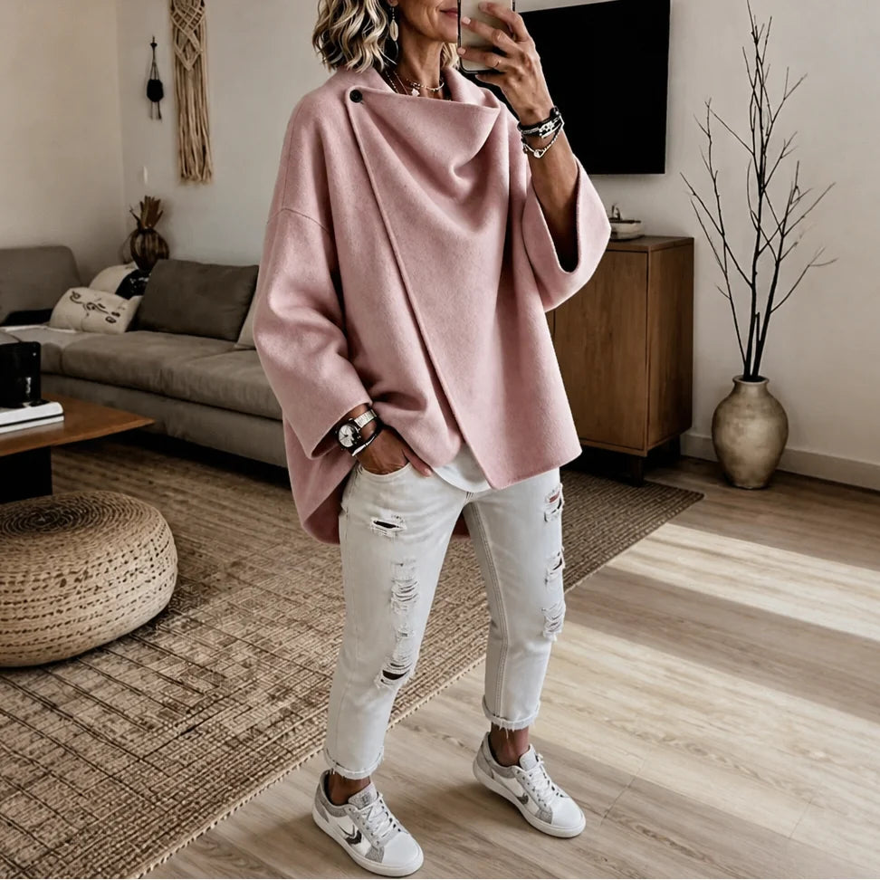 Pink Women's Cape Jacket with Asymmetric Button Collar & Relaxed Knit Drape