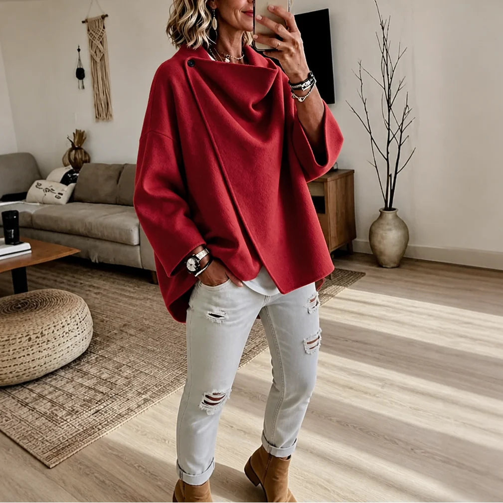 Red Women's Cape Jacket with Asymmetric Button Collar & Relaxed Knit Drape