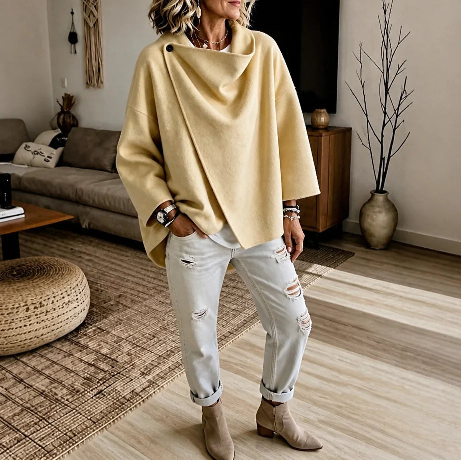 Yellow Women's Cape Jacket with Asymmetric Button Collar & Relaxed Knit Drape