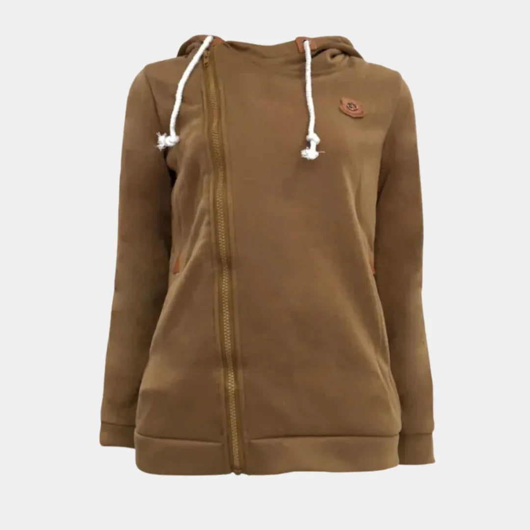 Brown Women's Hooded Vest with Asymmetric Zip & Relaxed Fit — Leah
