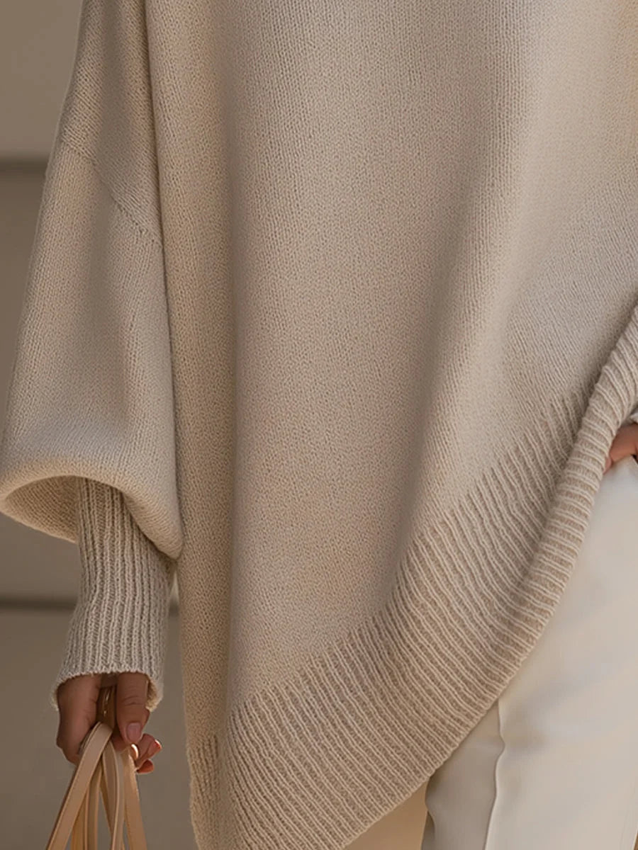 Women's Asymmetrical Sweater in Cotton-Linen Blend with Ribbed Trim - Closeup Hem