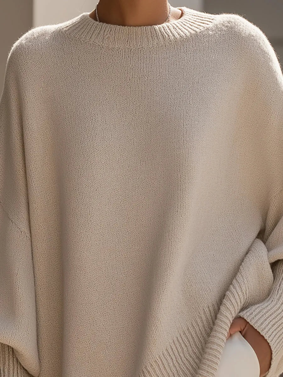 Women's Asymmetrical Sweater in Cotton-Linen Blend with Ribbed Trim - Closeup Neckline
