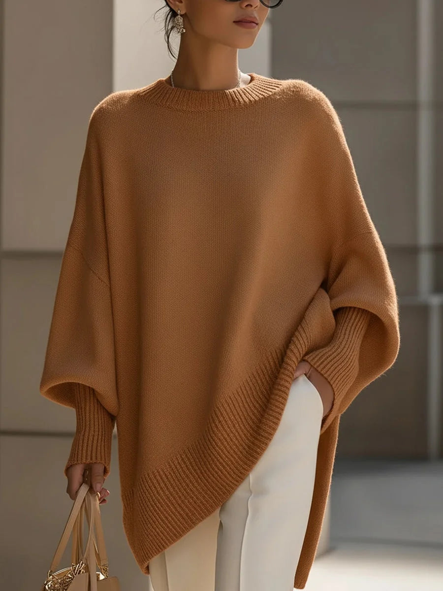 Women's Asymmetrical Sweater in Cotton-Linen Blend with Ribbed Trim - Front Detail