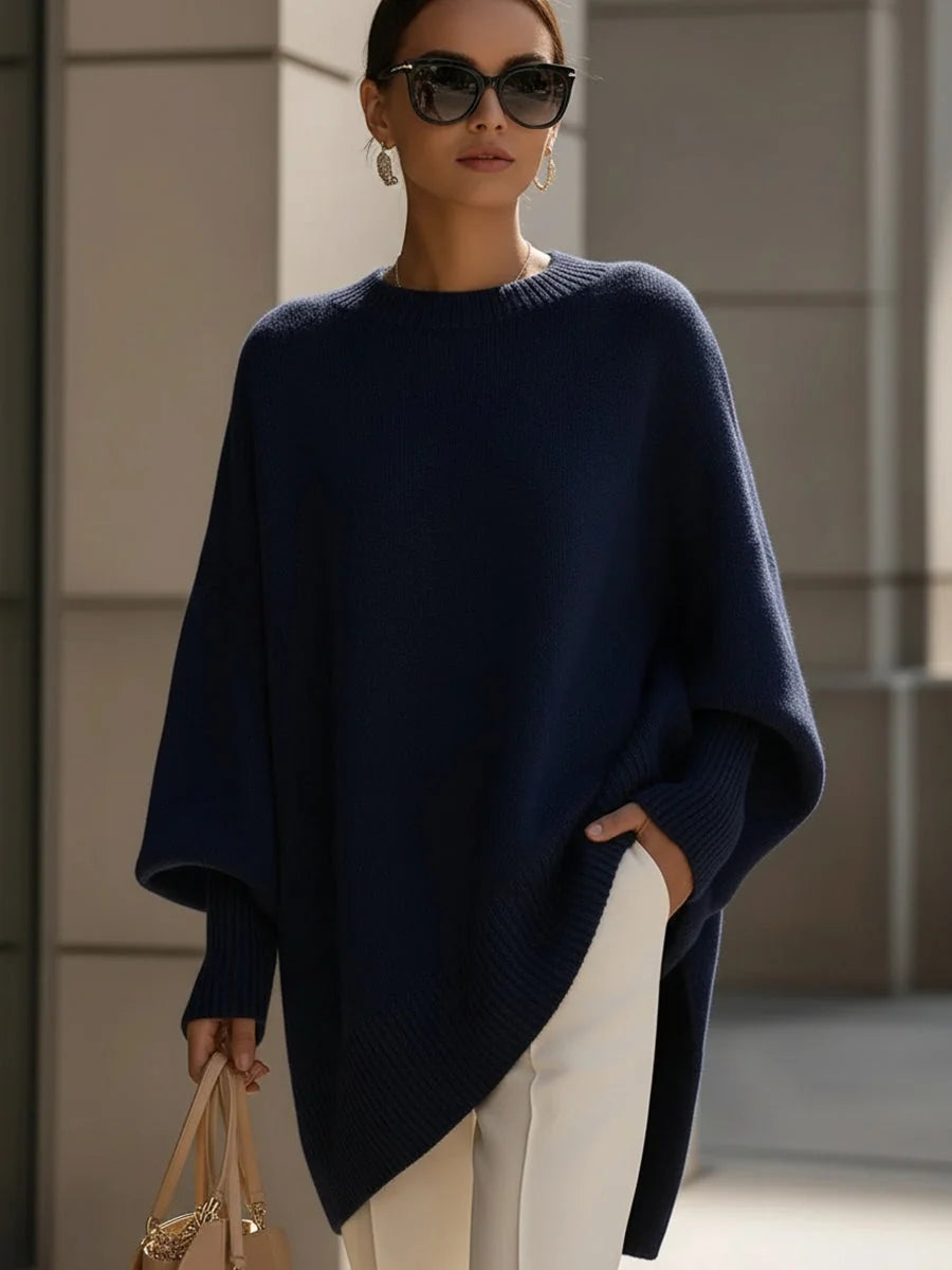 Navy Blue Women's Asymmetrical Sweater in Cotton-Linen Blend with Ribbed Trim