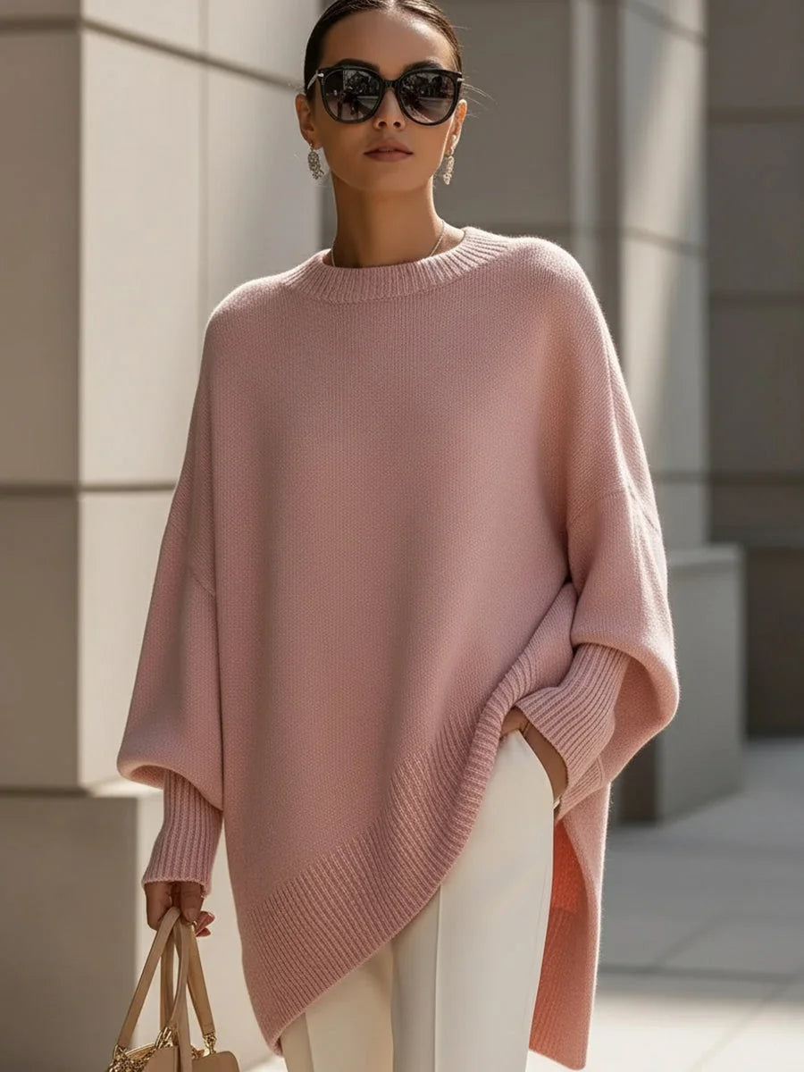 Pink Women's Asymmetrical Sweater in Cotton-Linen Blend with Ribbed Trim
