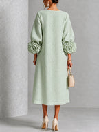 Sage Mist Women's Midi Dress with Button-Front Balloon Sleeves & Floral Cuffs - Back Full